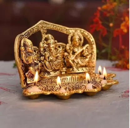 Metal Laxmi Ganesh Saraswati Idol Diya Oil Lamp Deepak -9 in X 6 in X 5 in Metal Lakshmi Ganesha Showpiece Statue - Traditional Diya for Diwali Puja - Diwali Home Decoration Items Gift